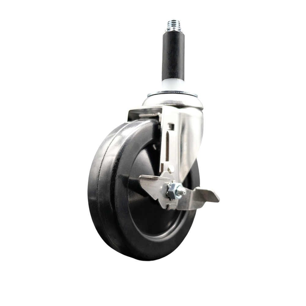 Hard Rubber Swivel Stem Caster with 5 in. Black Caster Wheel & Top Lock Brake, 0.87 in. Expanding Stem - 316 Stainless Steel Casters