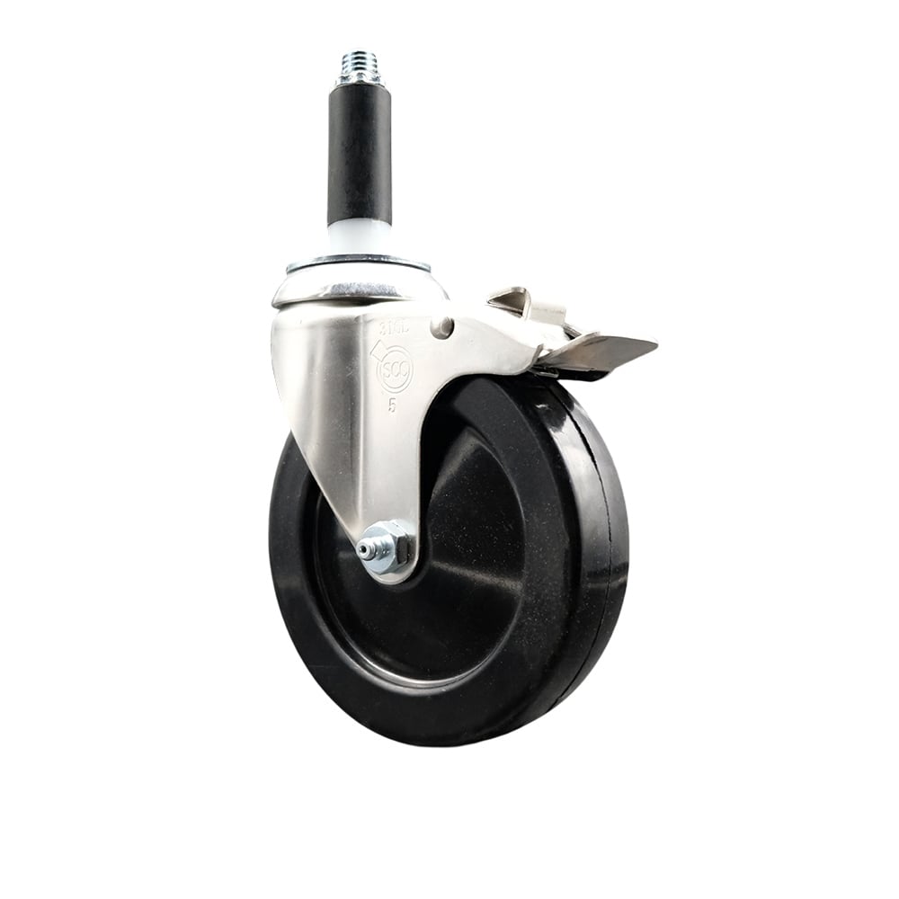 Hard Rubber Swivel Stem Caster with 5 in. Black Caster Wheel & Total Lock Brake, 0.87 in. Expanding Stem - 316 Stainless Steel Casters
