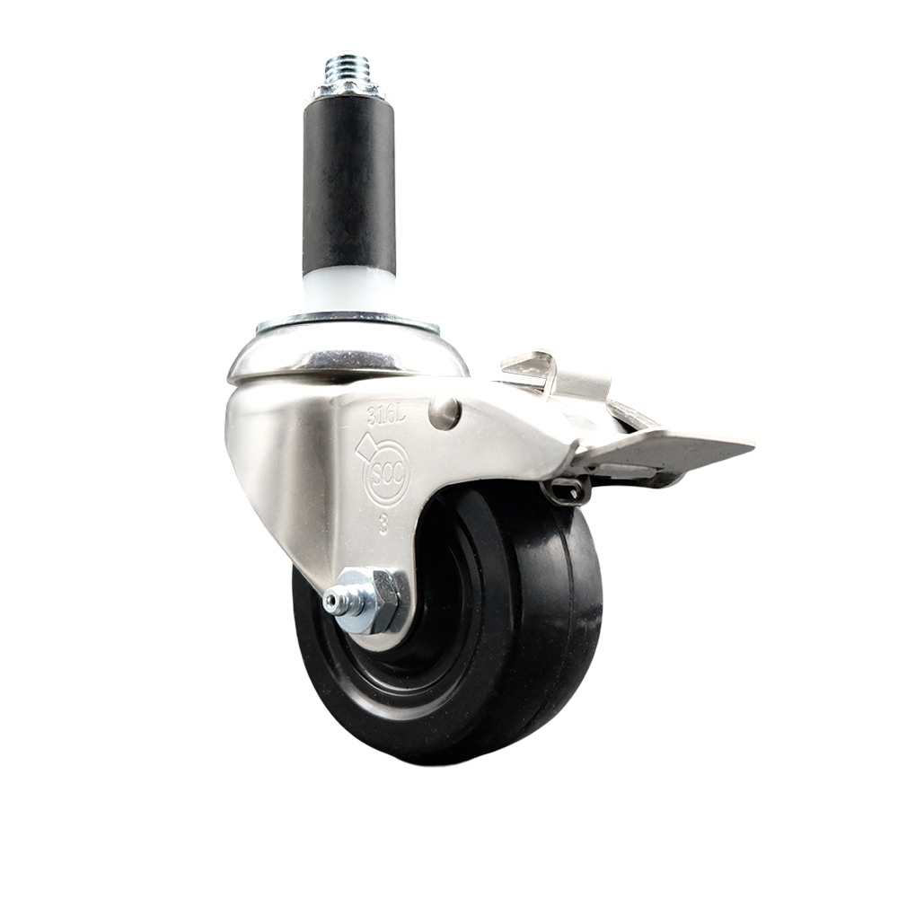 Hard Rubber Swivel Stem Caster with 3 in. Black Caster Wheel & Total Lock Brake, 1.13 in. Expanding Stem - 316 Stainless Steel Casters