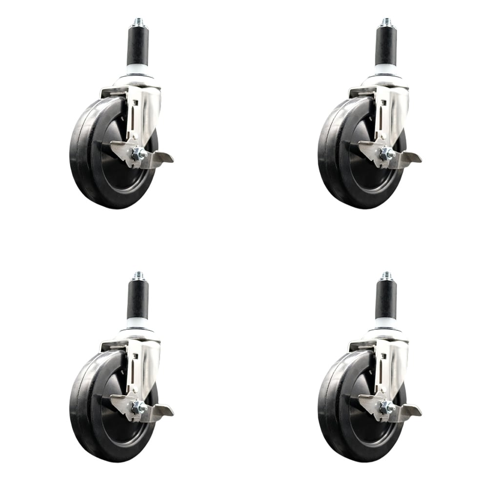 Hard Rubber Swivel Stem Caster with 5 in. Caster Wheels, 1.25 in. Expanding Stems - 316 Stainless Steel Casters - Set of 4