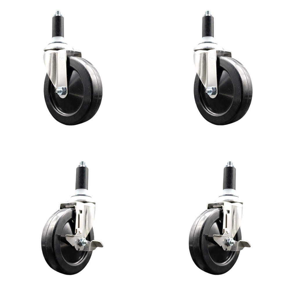 Hard Rubber Swivel Stem Caster with 5 in. Caster Wheels, 1.25 in. Expanding Stems - 316 Stainless Steel Casters - Set of 4