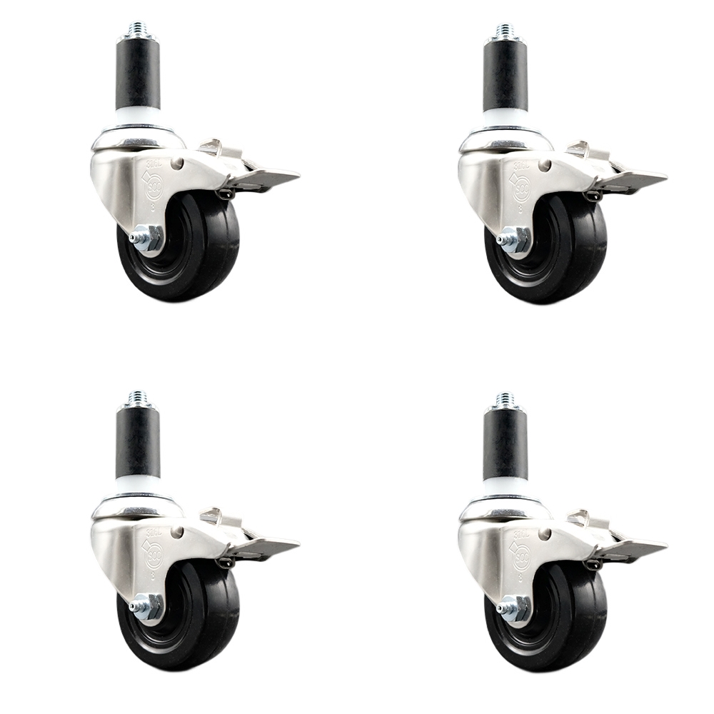 Hard Rubber Swivel Stem Caster with 3 in. Caster Wheels, 1.38 in. Expanding Stems - 316 Stainless Steel Casters - Set of 4