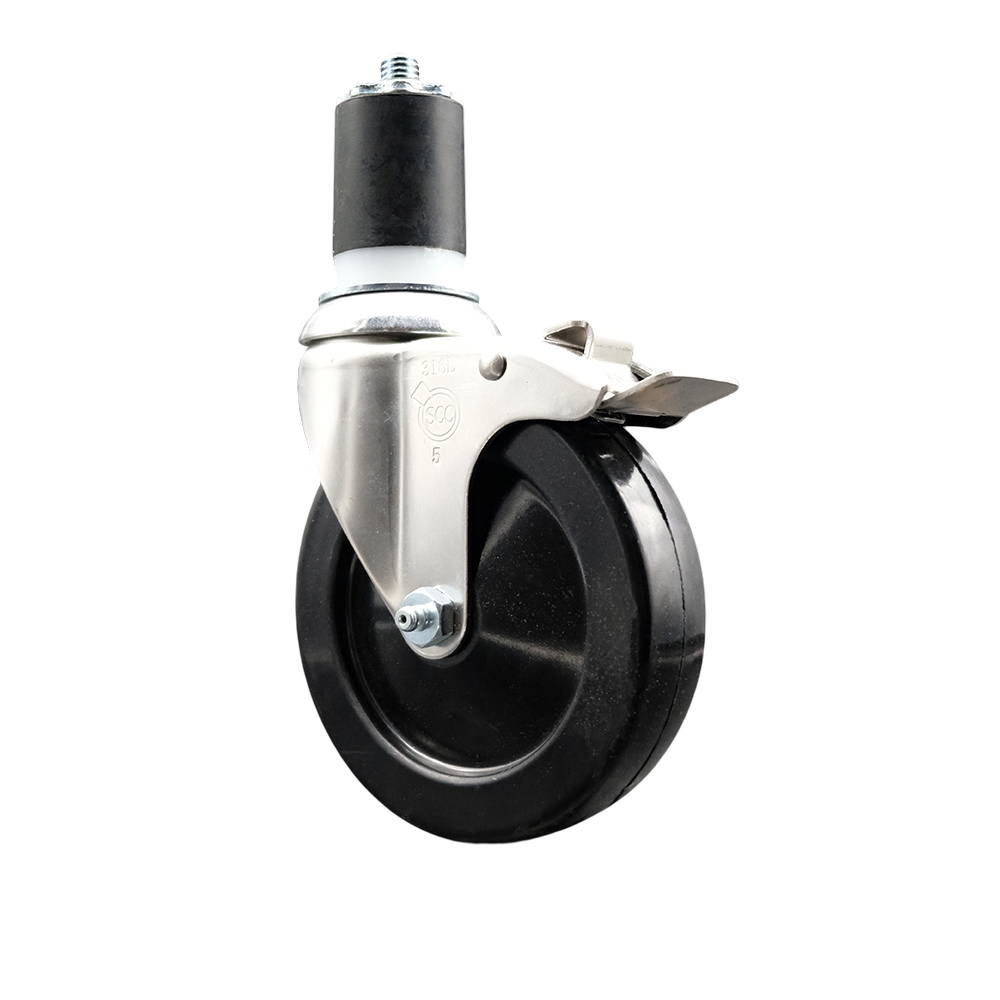 Hard Rubber Swivel Stem Caster with 5 in. Black Caster Wheel & Total Lock Brake, 1.87 in. Expanding Stem - 316 Stainless Steel Casters