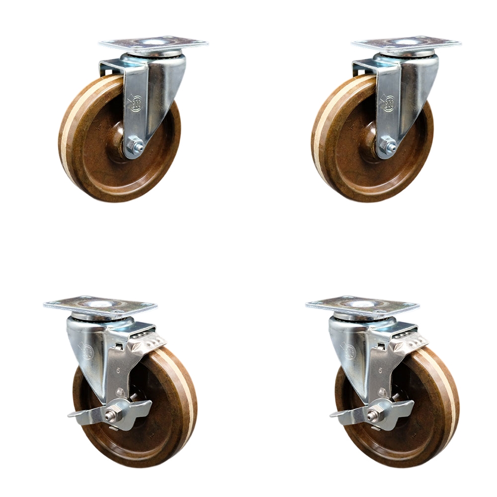 High Temperature Swivel Caster with 2 Brakes & 5 in. High Temperature Phenolic Wheel 3.13 x 4.13 in. Overall Top Plate - Set of 4