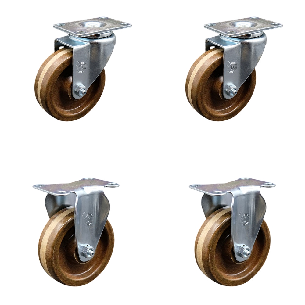 High Temperature Swivel Caster with 2 Rigid 4 in. High Temperature Phenolic Wheel with Roller Bearing 4 x 4.5 in. Overall Top Plate - Set of 4