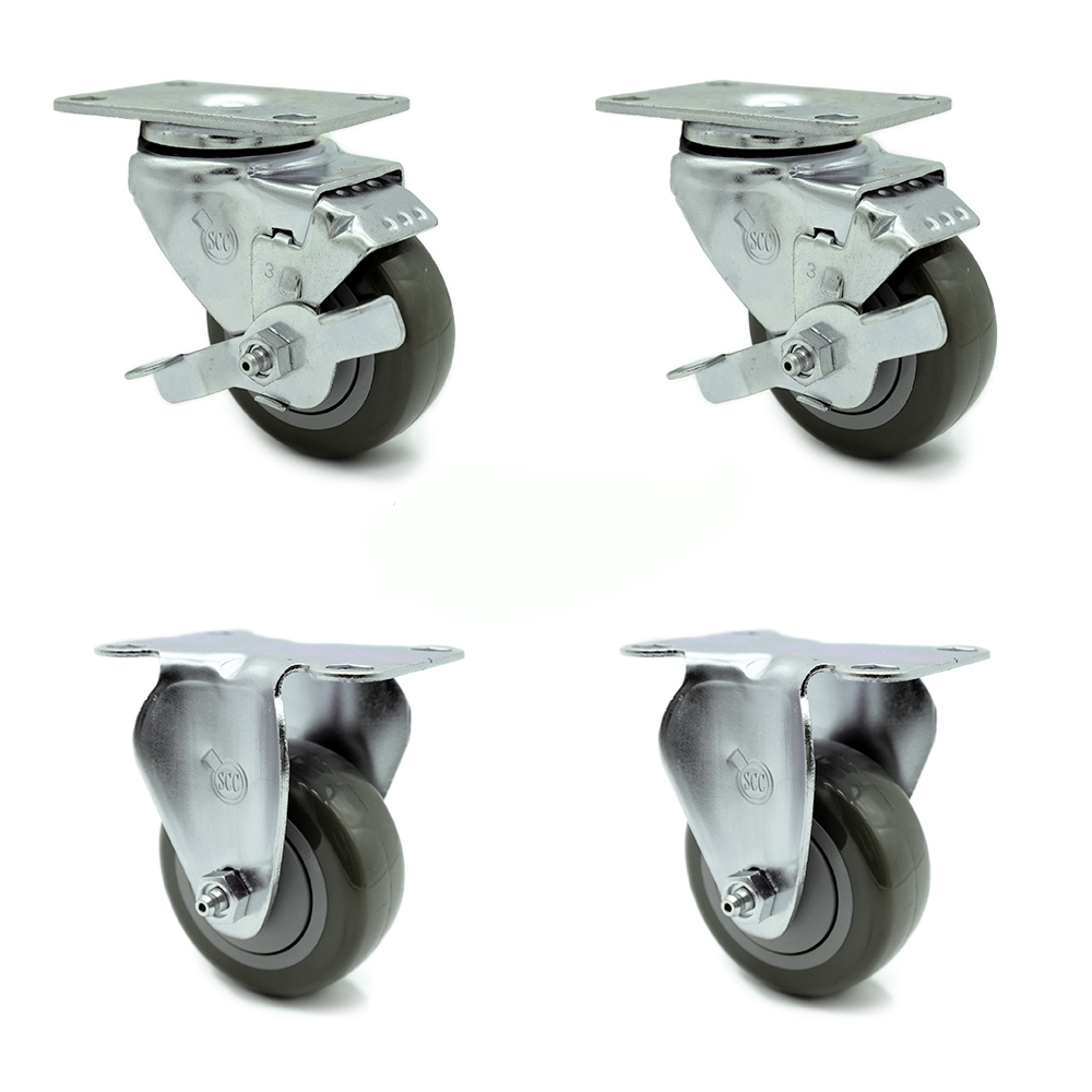 SCC-20S314-PPUB-TLB-TP3-2-R-2 Swivel Caster with 2 Brakes & 2 Rigid 3 in. Gray Polyurethane Wheel 4 x 4.5 in. Overall Top Plate - Set of 4