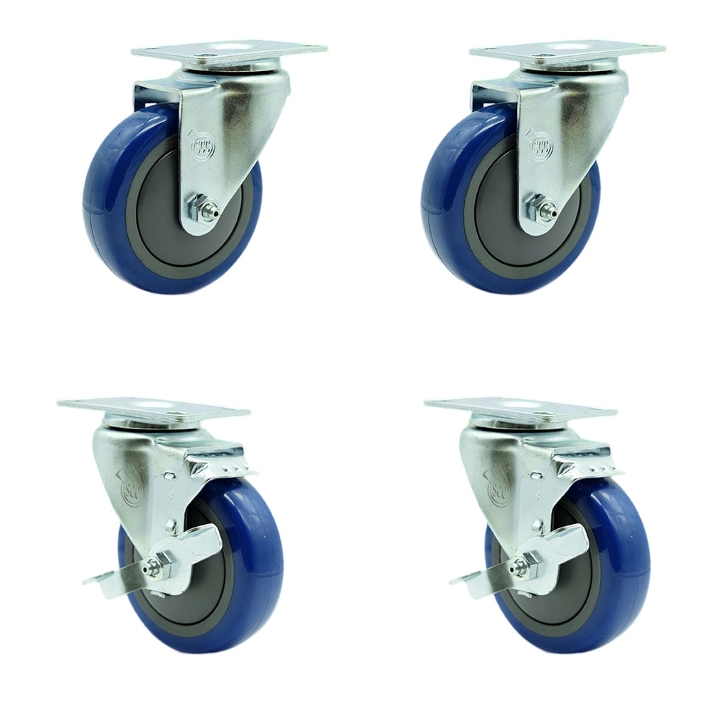 SCC-20S414-PPUB-BLUE-TP2-2-TLB-2 Swivel Caster with 2 Brakes 4 in. Blue Polyurethane Wheel 3.13 x 4.13 in. Overall Top Plate - Set of 4
