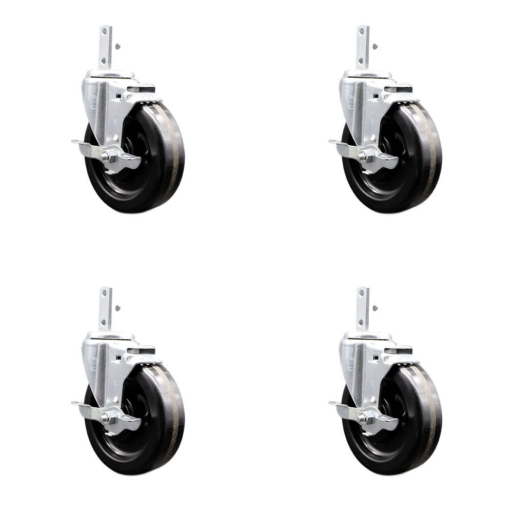 Swivel Square Stem Caster with 5 x 1.25 in. Black Phenolic Wheel, 0.75 x 2 in. Square Stem with 3 0.26 in. Diameter Mounting Holes - Set of 4