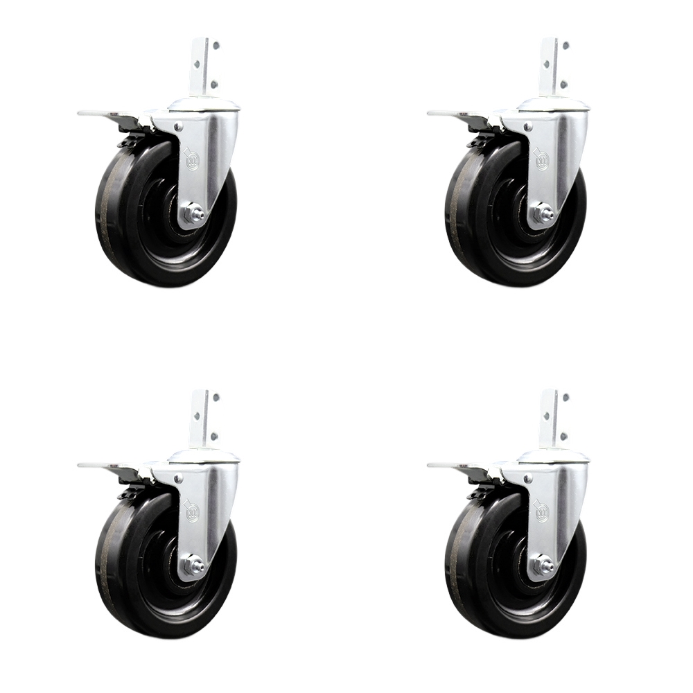 Swivel Square Stem Caster with 5 x 1.25 in. Black Phenolic Wheel, 0.87 x 2 in. Square Stem with 3 0.26 in. Diameter Mounting Holes - Set of 4