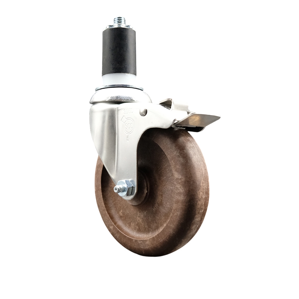 High Temperature Glass Filled Nylon Swivel Stem Caster with 5 in. Brown Caster Wheel & Total Lock Brake, 1.63 in. Expanding Stem