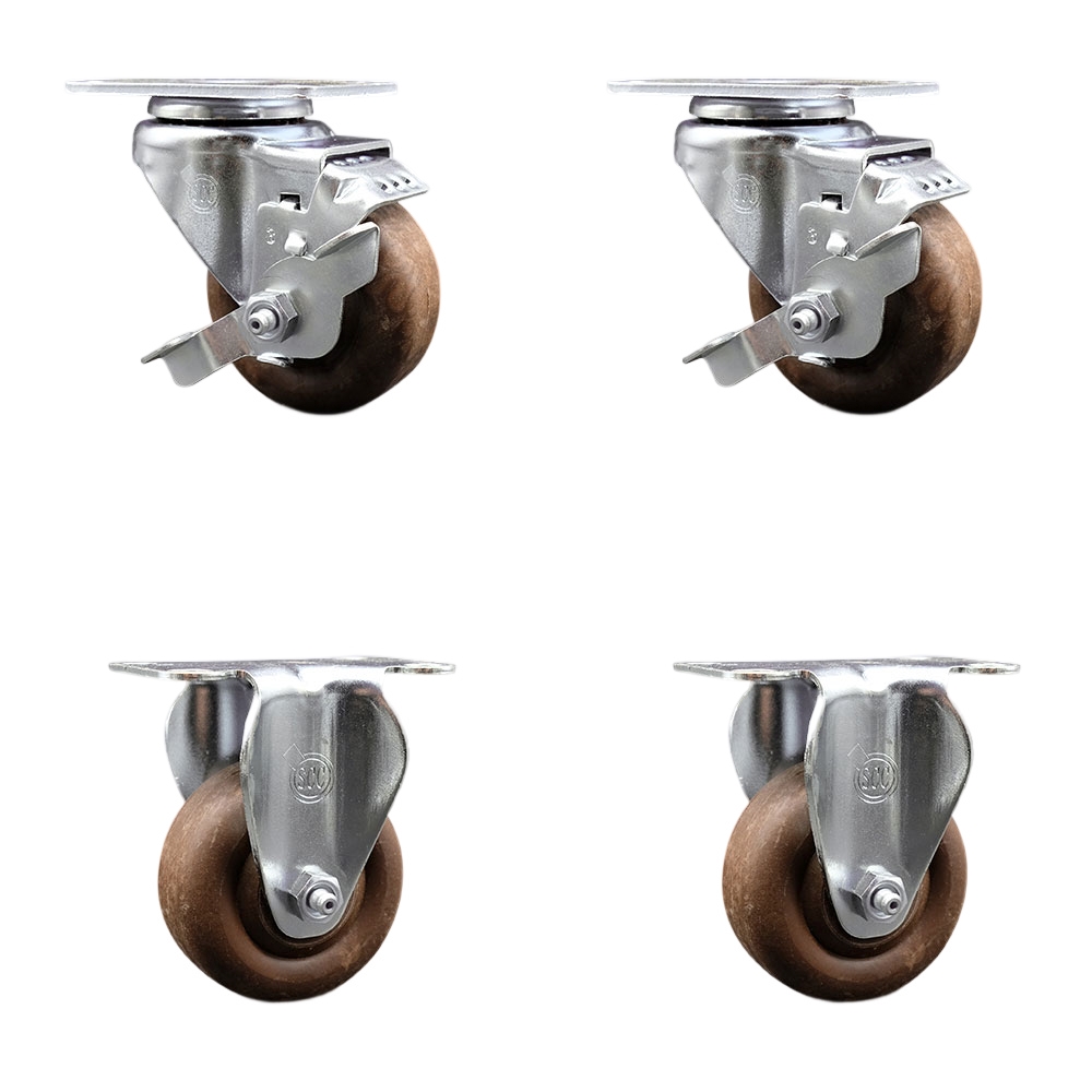 High Temperature Caster with 2 Brakes & 2 Rigid-3.5 in. High Temperature Glass Filled Nylon Wheel 4 x 4.5 in. Overall Top Plate - Set of 4