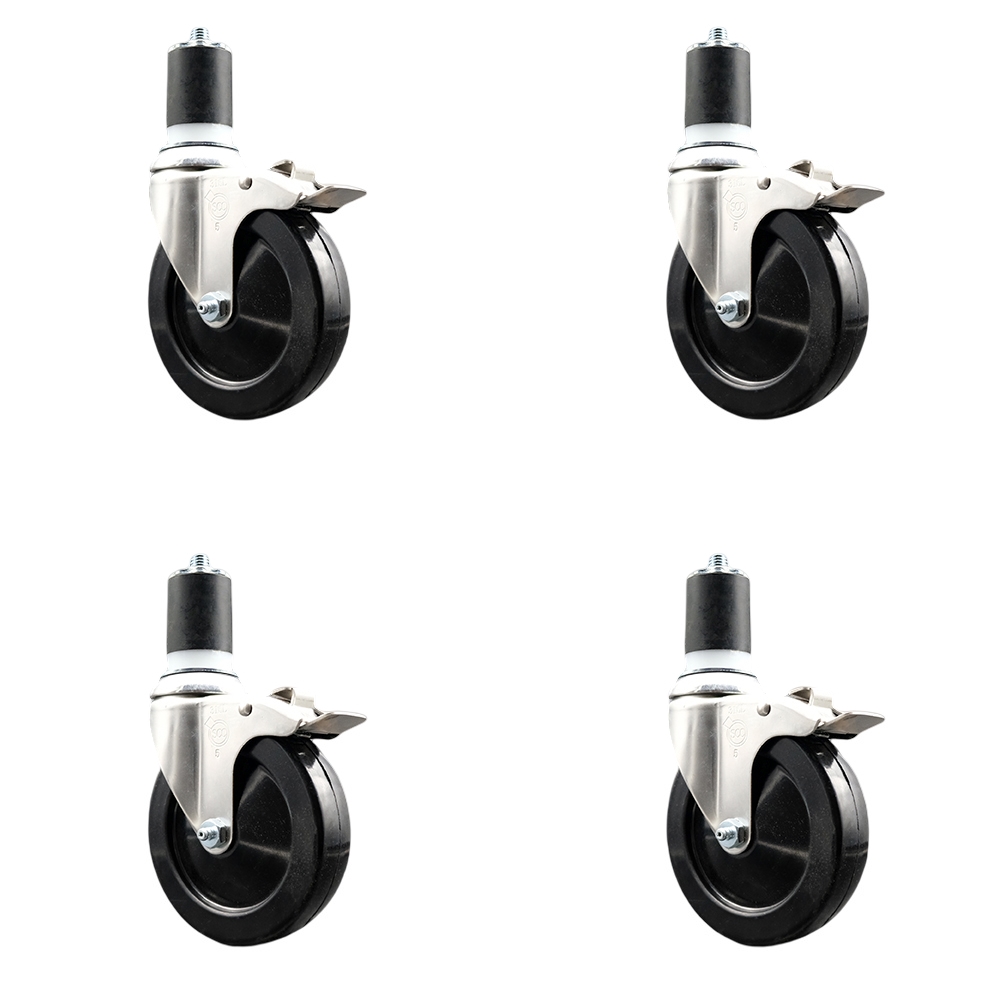 Hard Rubber Swivel Stem Caster with 5 in. Caster Wheels, 1.75 in. Expanding Stems - 316 Stainless Steel Casters - Set of 4
