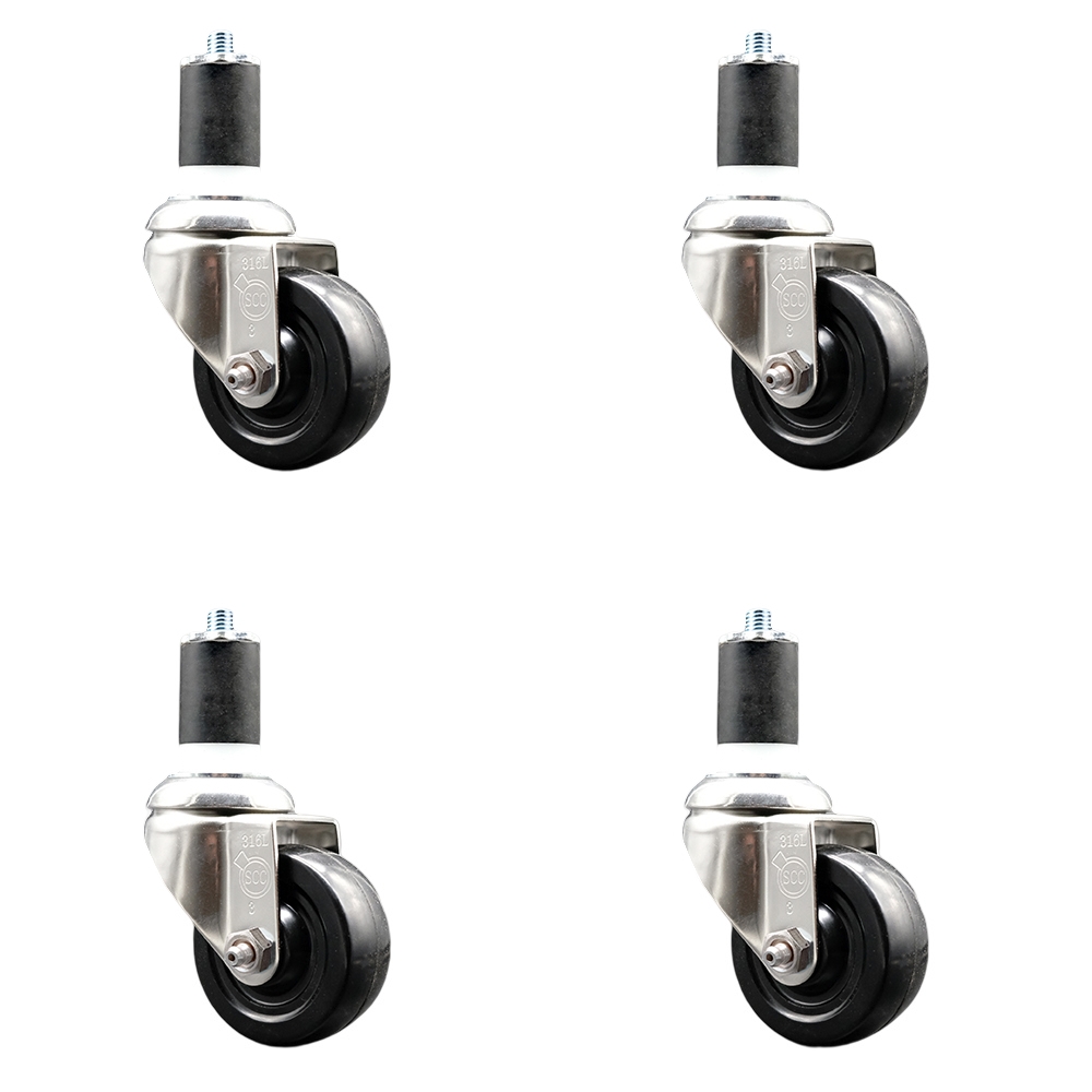 Hard Rubber Swivel Stem Caster with 3 in. Black Caster Wheels, 1.87 in. Expanding Stems - 316 Stainless Steel Casters - Set of 4