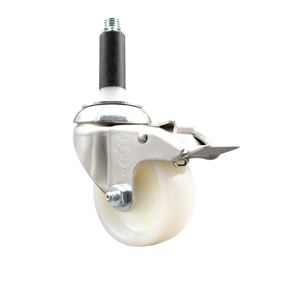 Nylon Swivel Stem Caster with 3 in. White Caster Wheel & Total Lock Brake, 0.87 in. Expanding Stem - 316 Stainless Steel Caster