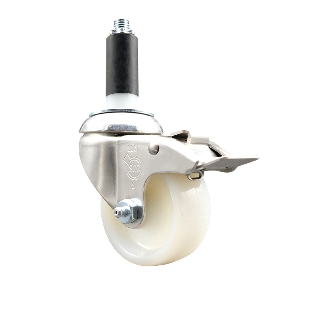Nylon Swivel Stem Caster with 3 in. White Caster Wheel & Total Lock Brake, 1 in. Expanding Stem - 316 Stainless Steel Caster
