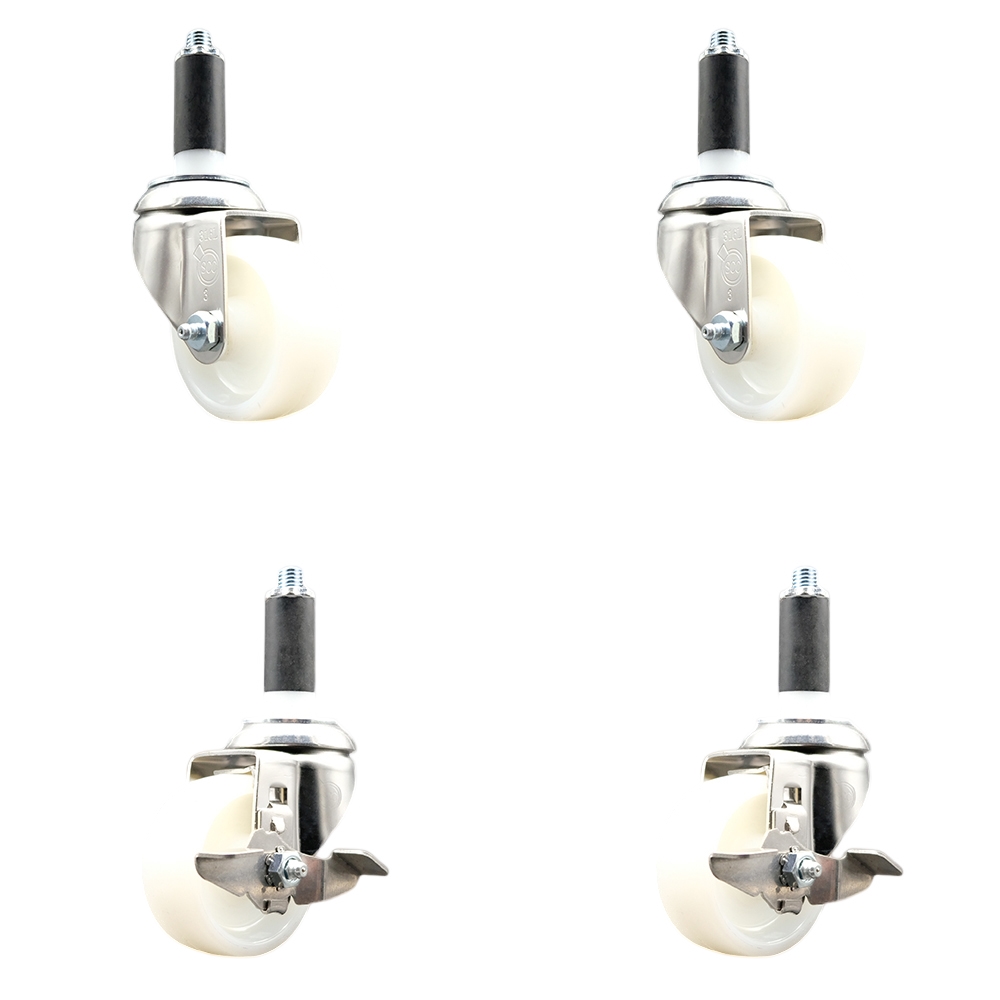Nylon Swivel Stem Caster with 3 in. Caster Wheels, 1.13 in. Expanding Stems - 316 Stainless Steel Casters - Set of 4