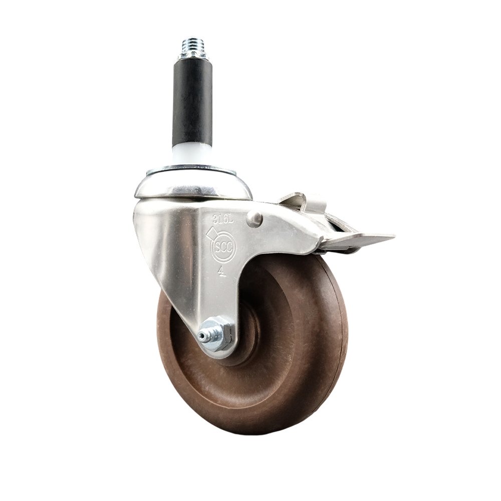 High Temperature Glass Filled Nylon Swivel Stem Caster with 4 in. Brown Caster Wheel & Total Lock Brake, 0.75 in. Expanding Stem