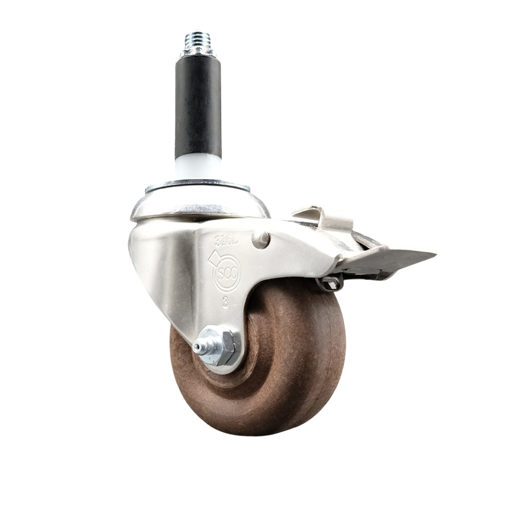 High Temperature Glass Filled Nylon Swivel Stem Caster with 3.5 in. Brown Caster Wheel & Total Lock Brake, 0.87 in. Expanding Stem