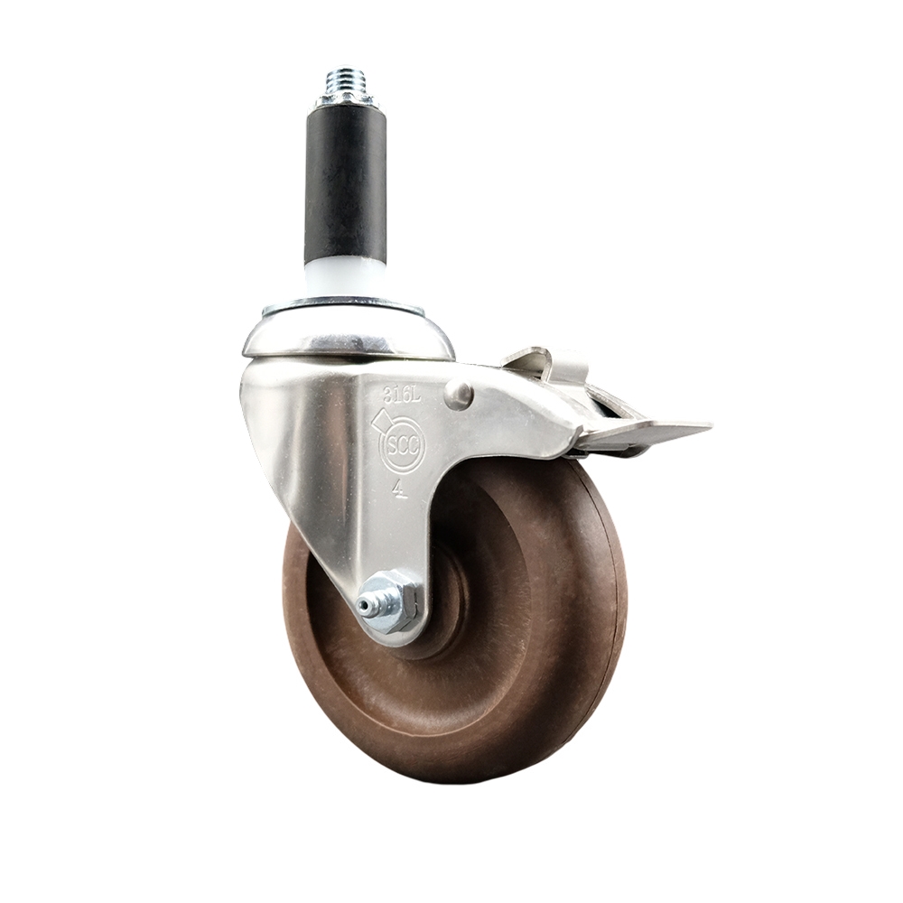 High Temperature Glass Filled Nylon Swivel Stem Caster with 4 in. Brown Caster Wheel & Total Lock Brake, 1.13 in. Expanding Stem