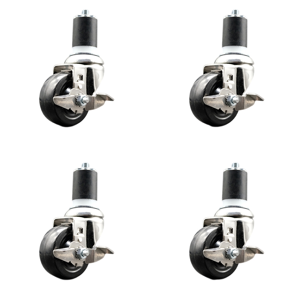 Hard Rubber Swivel Stem Caster with 3.5 in. Caster Wheels, 1.87 in. Expanding Stems - 316 Stainless Steel Casters - Set of 4