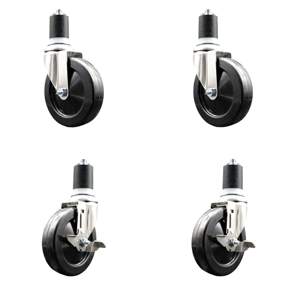 Hard Rubber Swivel Stem Caster with 5 in. Caster Wheels, 1.87 in. Expanding Stems - 316 Stainless Steel Casters - Set of 4