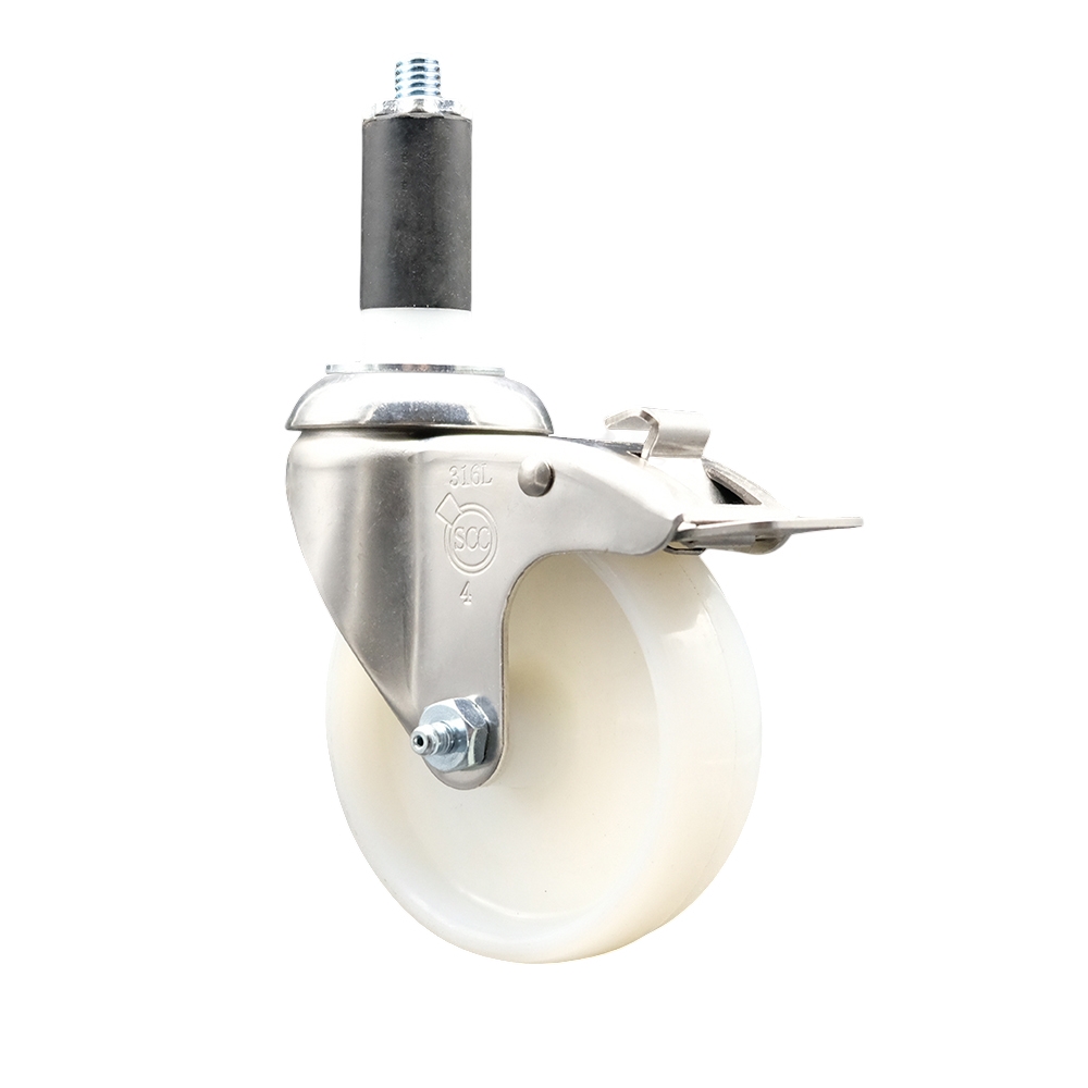 Nylon Swivel Stem Caster with 4 in. White Caster Wheel & Total Lock Brake, 1.38 in. Expanding Stem - 316 Stainless Steel Caster