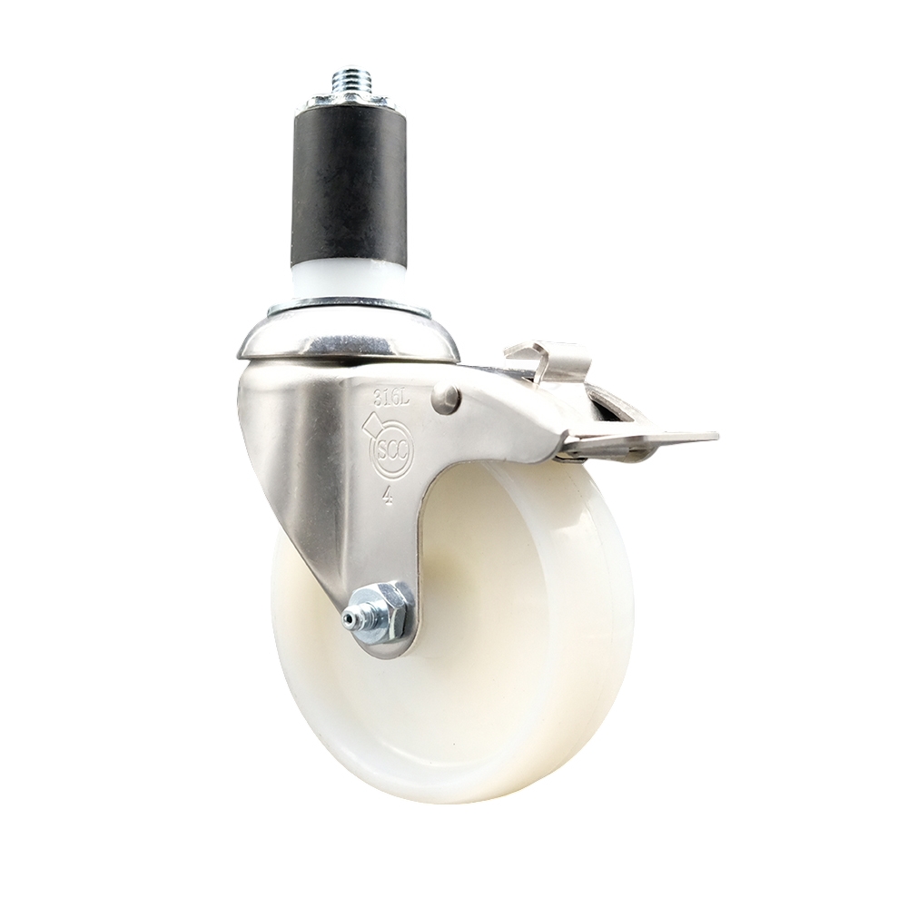 Nylon Swivel Stem Caster with 4 in. White Caster Wheel & Total Lock Brake, 1.63 in. Expanding Stem - 316 Stainless Steel Caster
