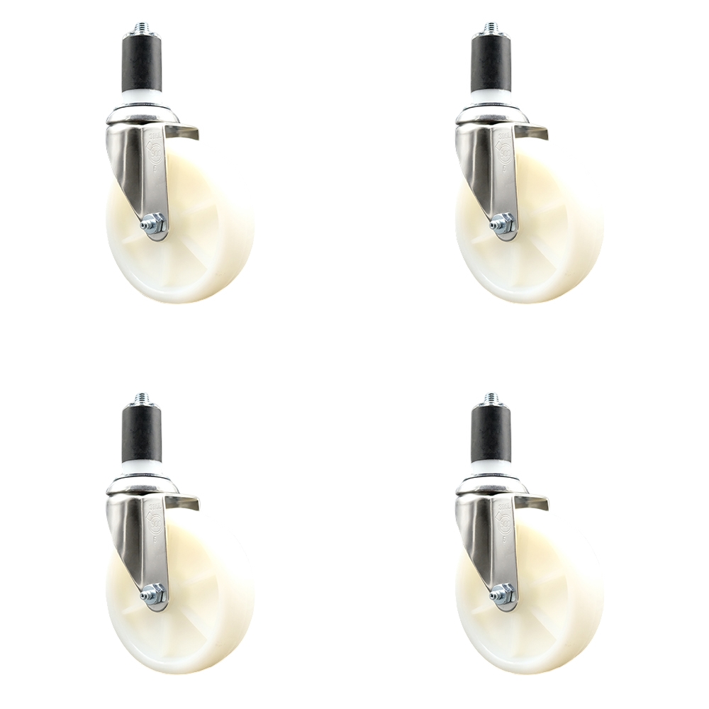 Nylon Swivel Stem Caster with 5 in. White Caster Wheels, 1.63 in. Expanding Stems - 316 Stainless Steel Casters - Set of 4
