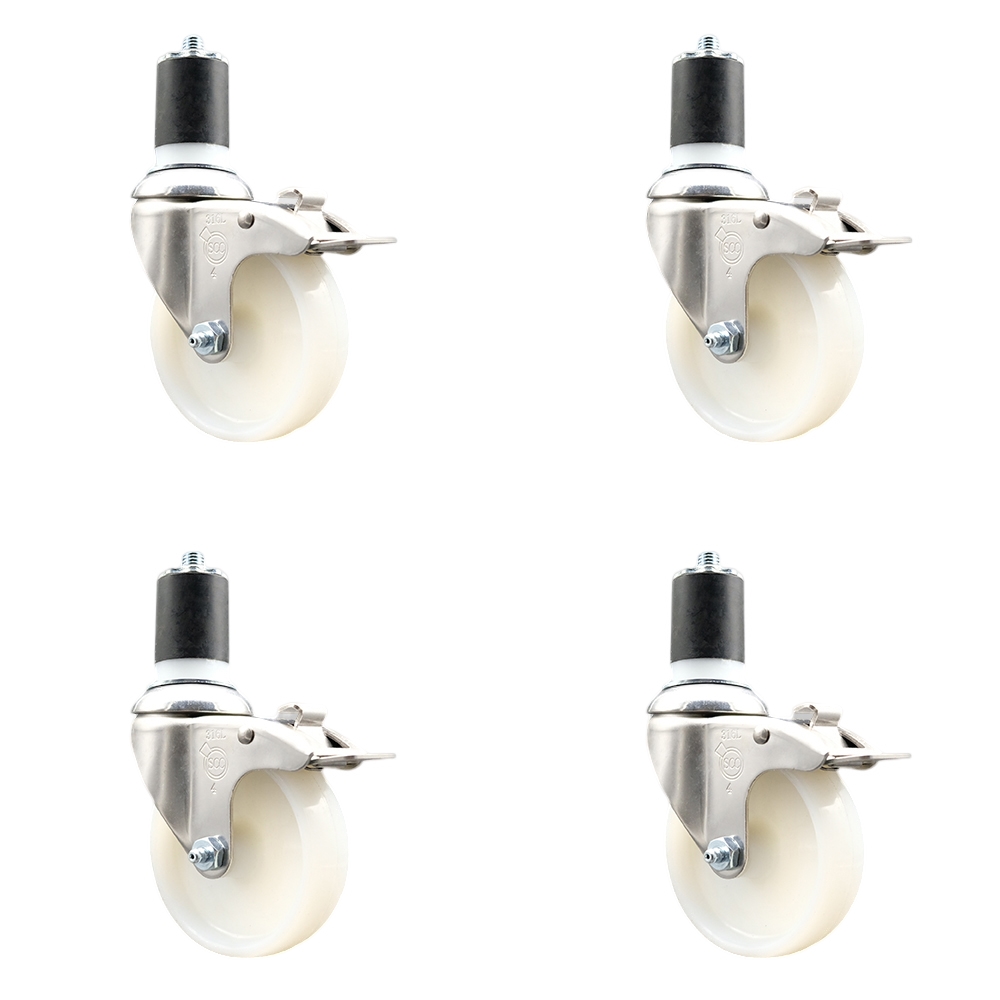 Nylon Swivel Stem Caster with 4 in. Caster Wheels, 1.75 in. Expanding Stems - 316 Stainless Steel Casters - Set of 4