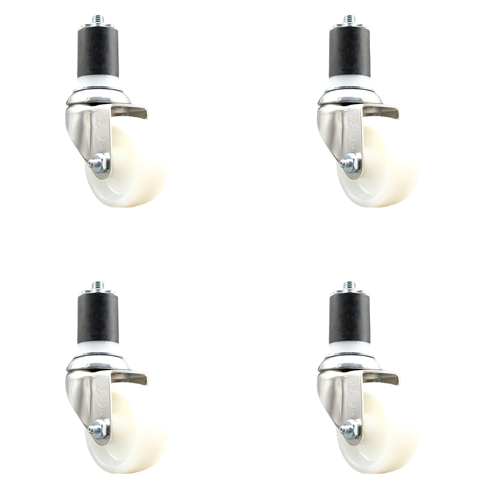 Nylon Swivel Stem Caster with 3 in. White Caster Wheels, 1.87 in. Expanding Stems - 316 Stainless Steel Casters - Set of 4