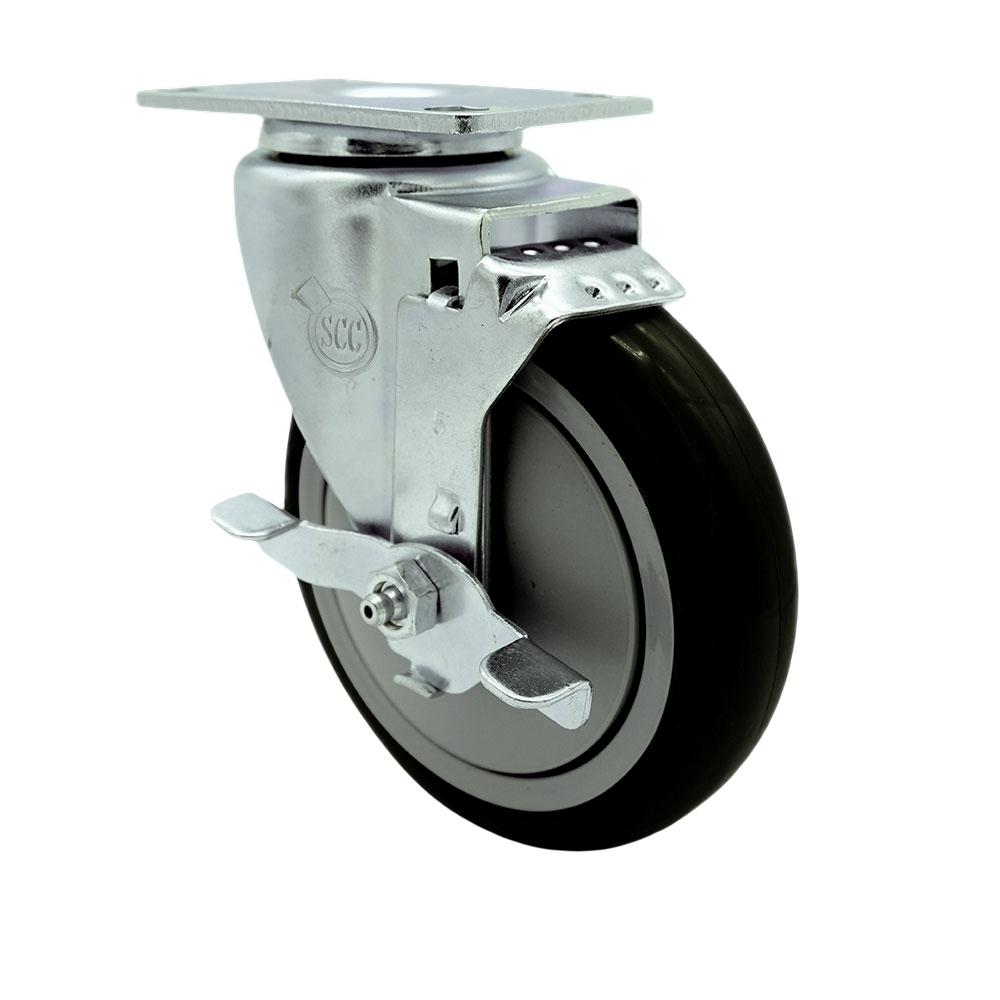 SCC-20S514-PPUB-BLK-TLB-TP3 Swivel Caster with Top Lock Brake & 5 in. Black Polyurethane Wheel 4 x 4.5 in. Overall Top Plate