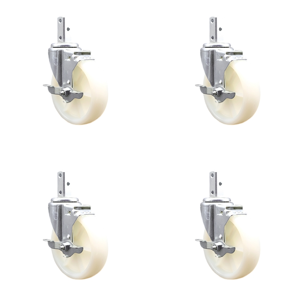 Swivel Square Stem Caster with 5 x 1.25 in. White Nylon Wheel, 0.75 x 2 in. Square Stem with 3 0.26 in. Diameter Mounting Holes - Set of 4