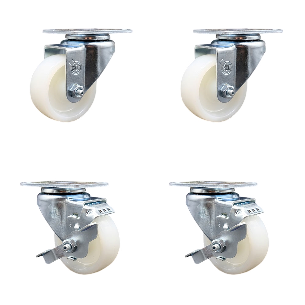 SCC-20S314-NYS-TP3-2-TLB-2 Swivel Caster with 2 Brakes 3 in. Nylon Wheel 4.13 x 4.5 in. Overall Top Plate - Set of 4