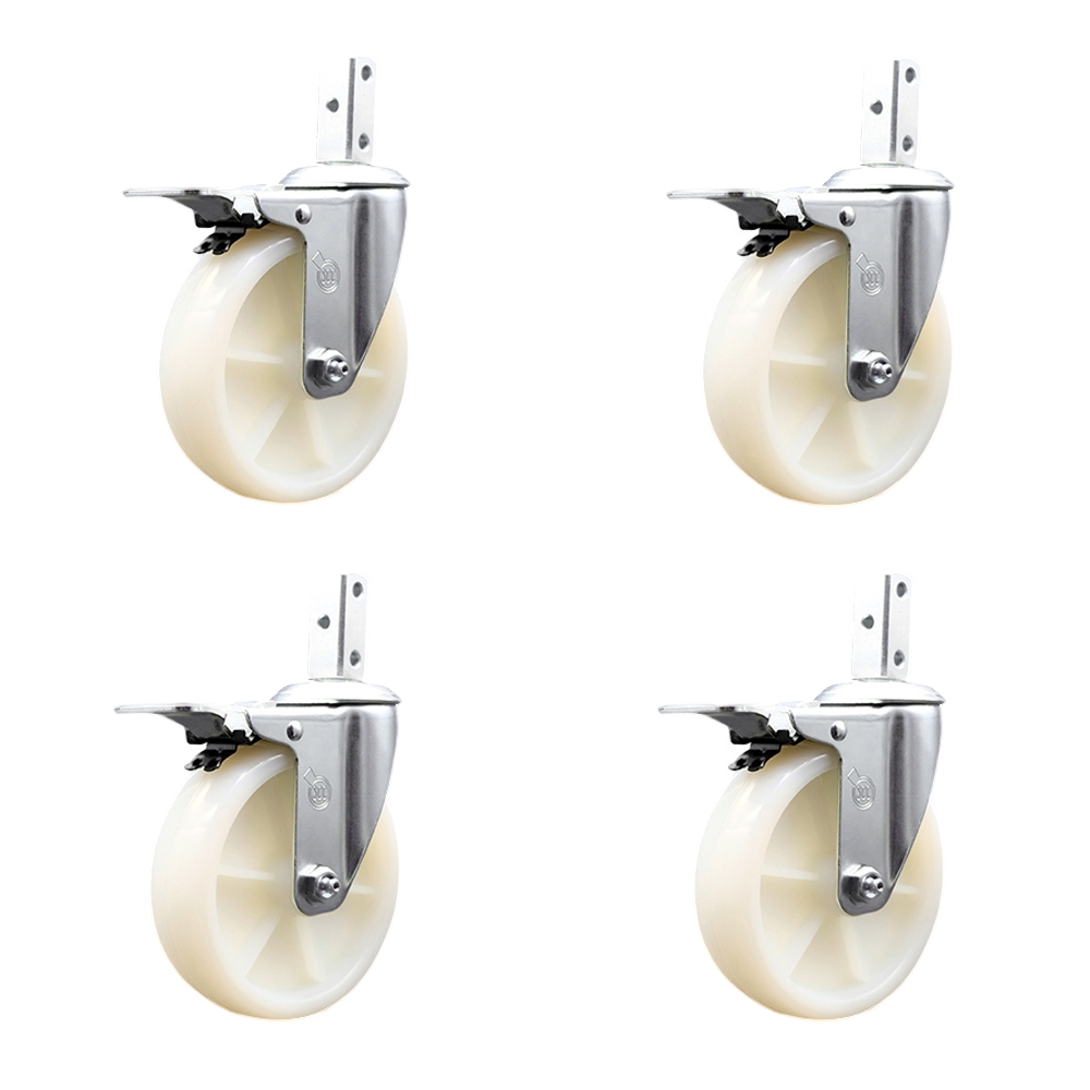 Swivel Square Stem Caster with 5 x 1.25 in. White Nylon Wheel, 0.87 x 2 in. Square Stem with 3 0.26 in. Diameter Mounting Holes - Set of 4