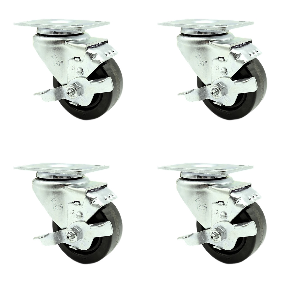 SCC-20S314-PHS-TLB-TP3-4 Swivel Caster with Brakes & 3 in. Phenolic Wheel 4 x 4.5 in. Overall Top Plate - Set of 4
