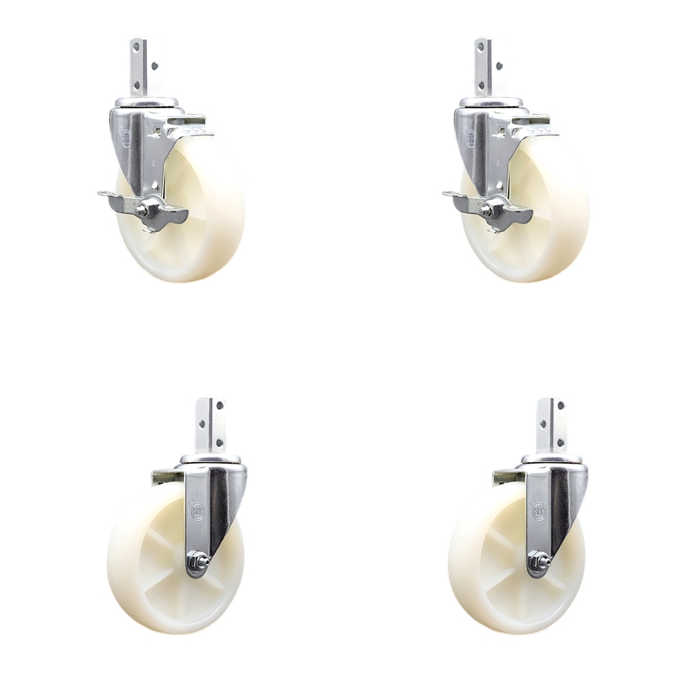 Swivel Square Stem Caster with 5 x 1.25 in. White Nylon Wheel, 0.87 x 2 in. Square Stem with 3 0.26 in. Diameter Mounting Holes - Set of 4