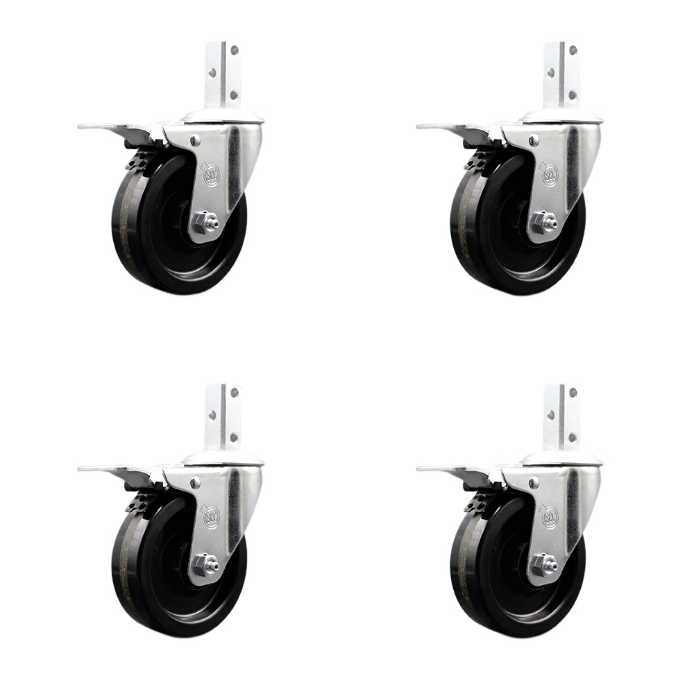 Swivel Square Stem Caster with 4 x 1.25 in. Black Phenolic Wheel, 0.75 x 2 in. Square Stem with 3 0.26 in. Diameter Mounting Holes - Set of 4