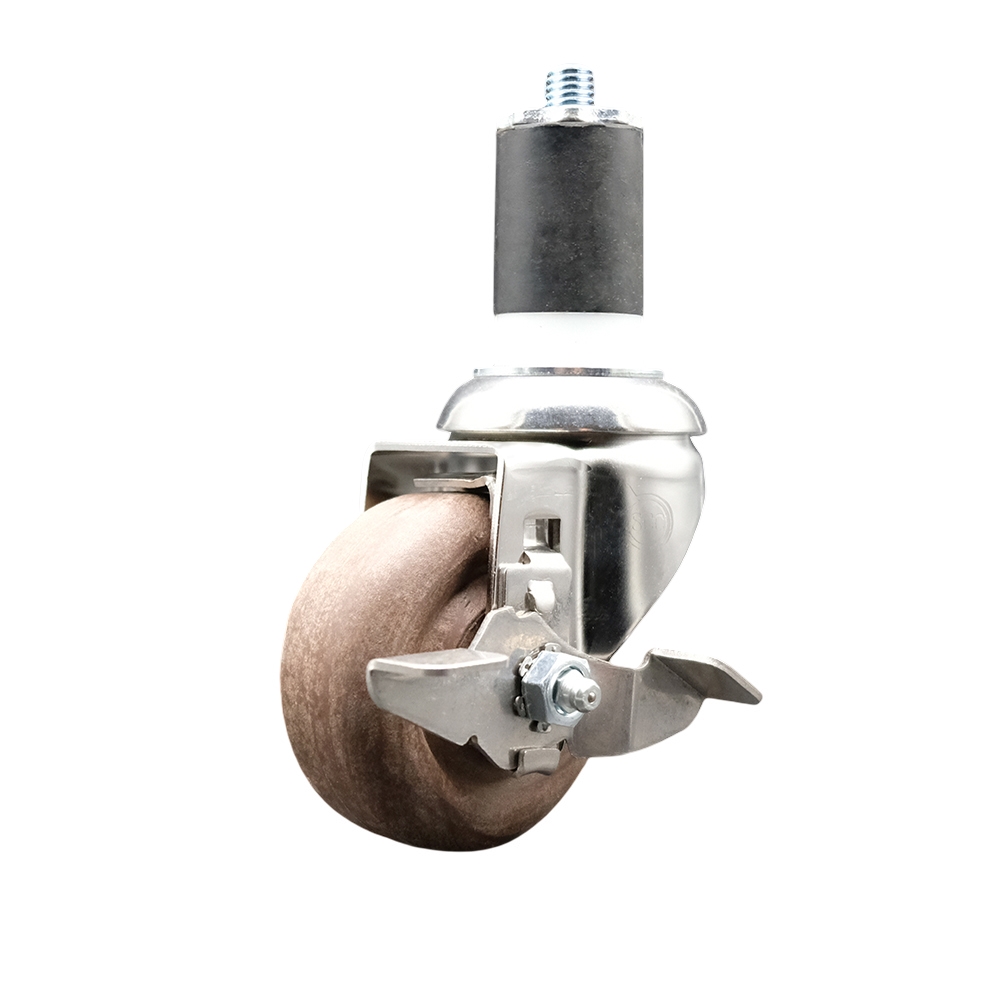 High Temperature Glass Filled Nylon Swivel Stem Caster with 3.5 in. Brown Caster Wheel & Top Lock Brake, 1.75 in. Expanding Stem