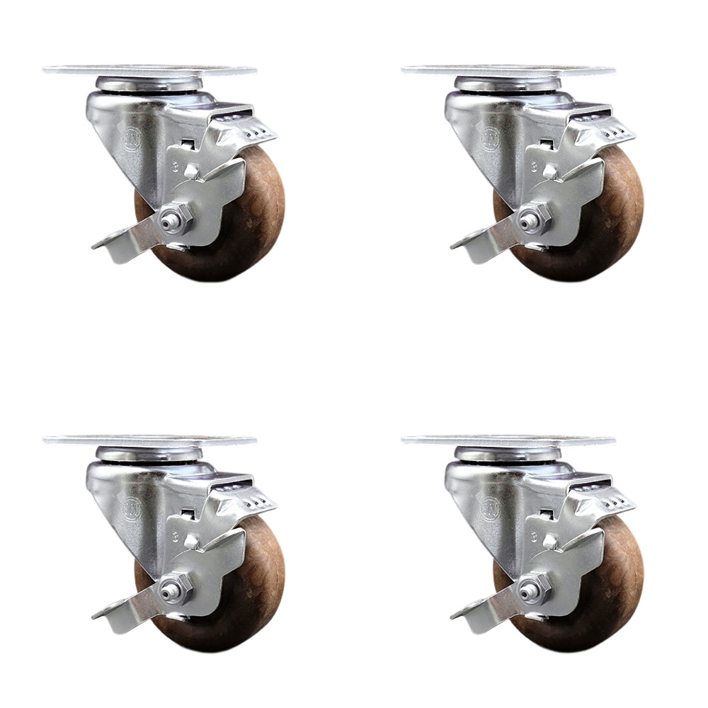 High Temperature Swivel Caster with Brakes 3 in. High Temperature Glass Filled Nylon Wheel 4 x 4.5 in. Overall Top Plate - Set of 4
