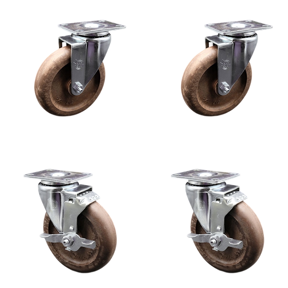 High Temperature Swivel Caster with 2 Brakes 5 in. High Temperature Glass Filled Nylon Wheel 4 x 4.5 in. Overall Top Plate - Set of 4