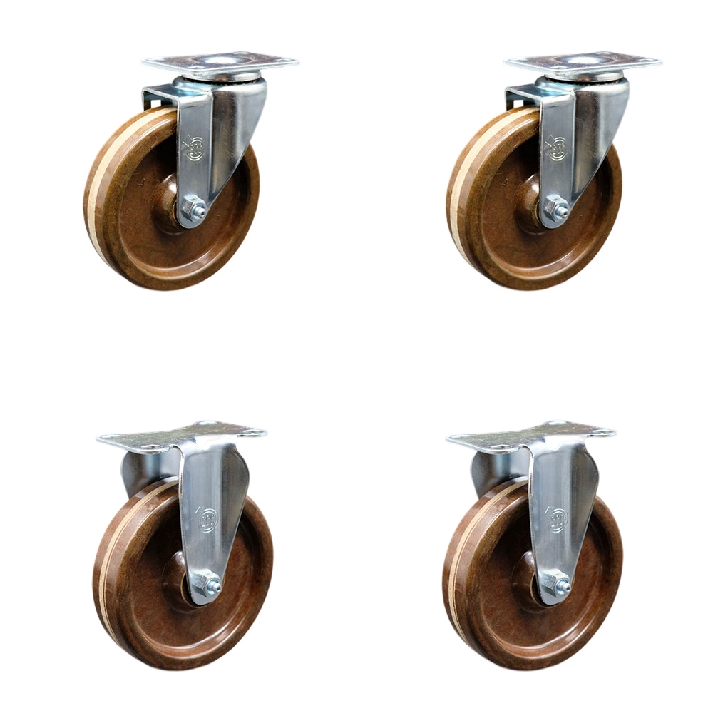 High Temperature Swivel Caster with 2 Rigid 5 in. High Temperature Phenolic Wheel with Roller Bearing 3.13 x 4.13 in. Overall Top Plate - Set of 4