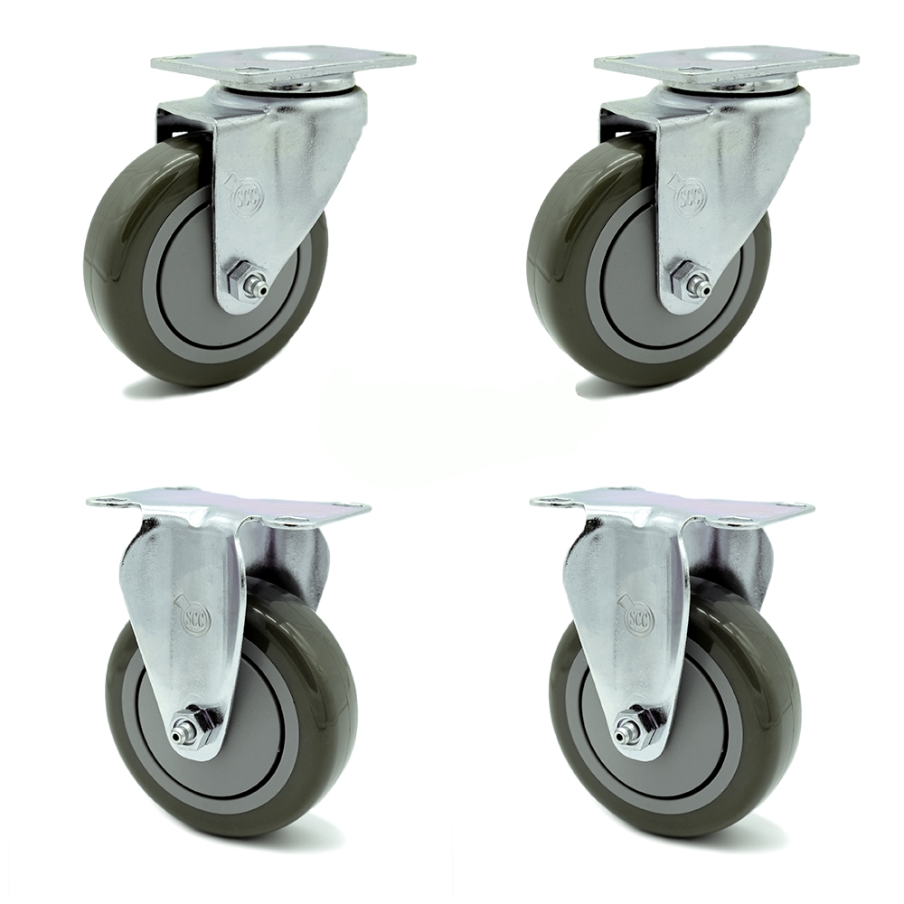 SCC-20S414-PPUB-TP3-2-R-2 Swivel Caster with 2 Rigid Casters 4 in. Gray Polyurethane Wheel 4 x 4.5 in. Overall Top Plate - Set of 4