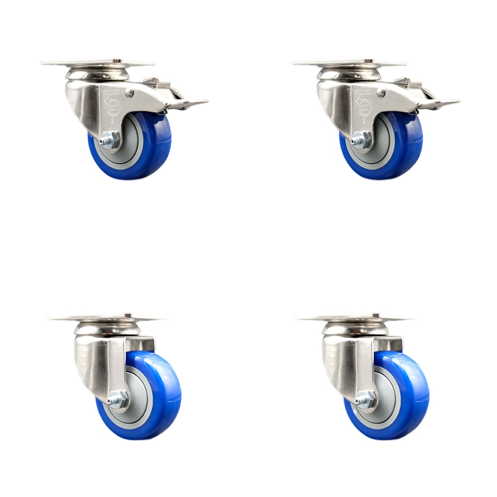 SCC-SS316TTL20S3514-PPUB-BLUE-2-S-2 Polyurethane Swivel Top Plate Caster with 3.5 in. 316 Stainless Steel Blue Wheels - Set of 4