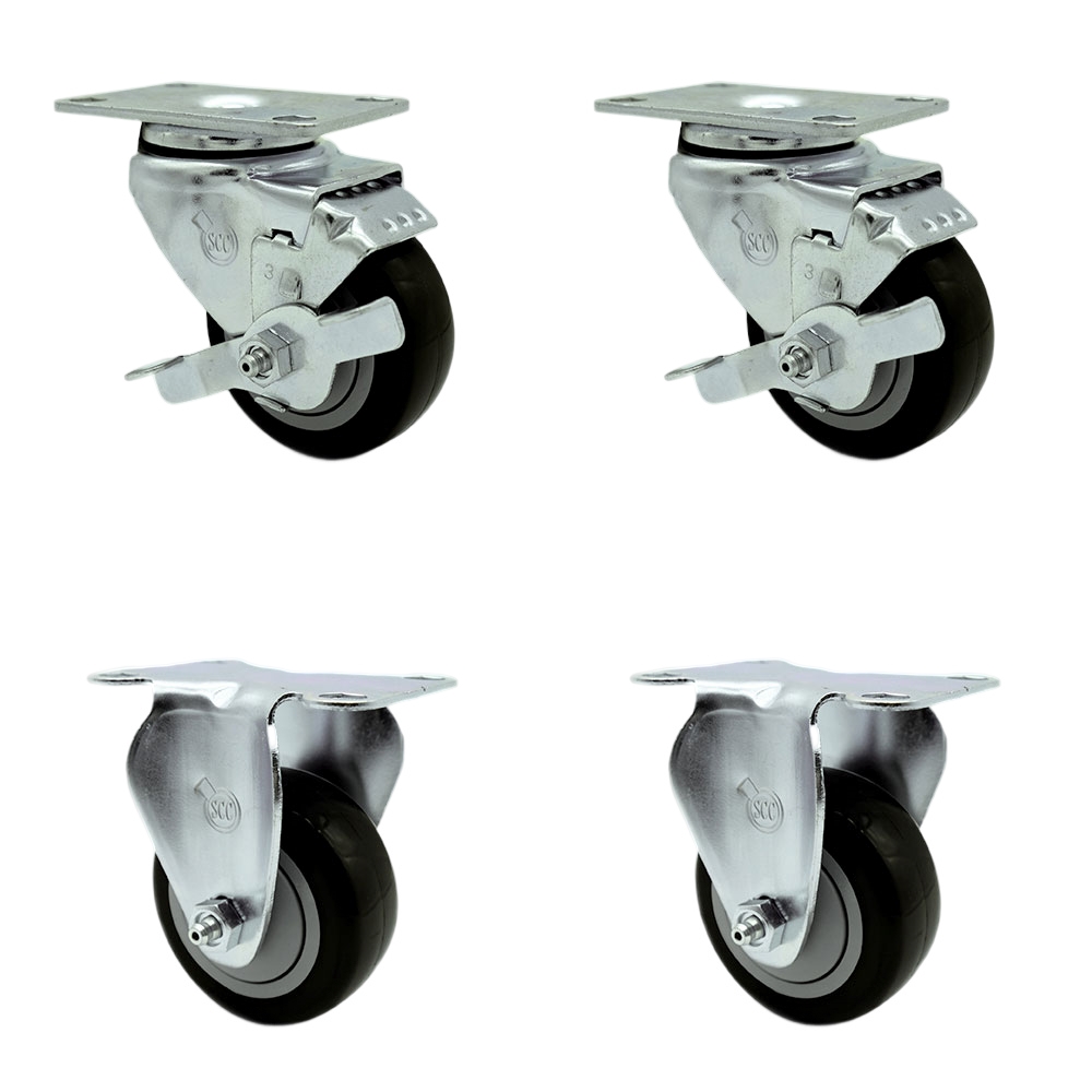 Swivel Caster with 2 Brakes & 2 Rigid 3.5 in. Black Polyurethane Wheel 3.13 x 4.13 in. Overall Top Plate - Set of 4