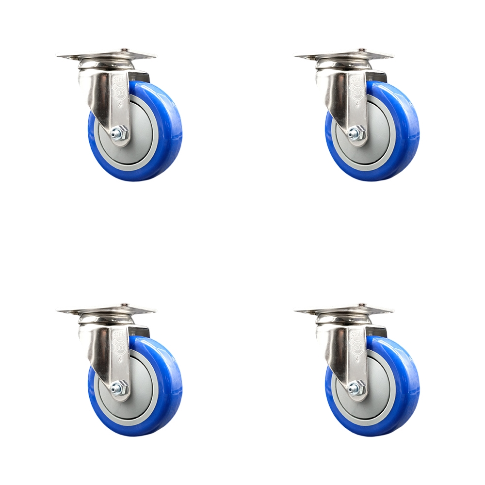 SCC-SS31620S414-PPUB-BLUE-4 Polyurethane Swivel Top Plate Caster with 4 in. 316 Stainless Steel Blue Wheels - Set of 4