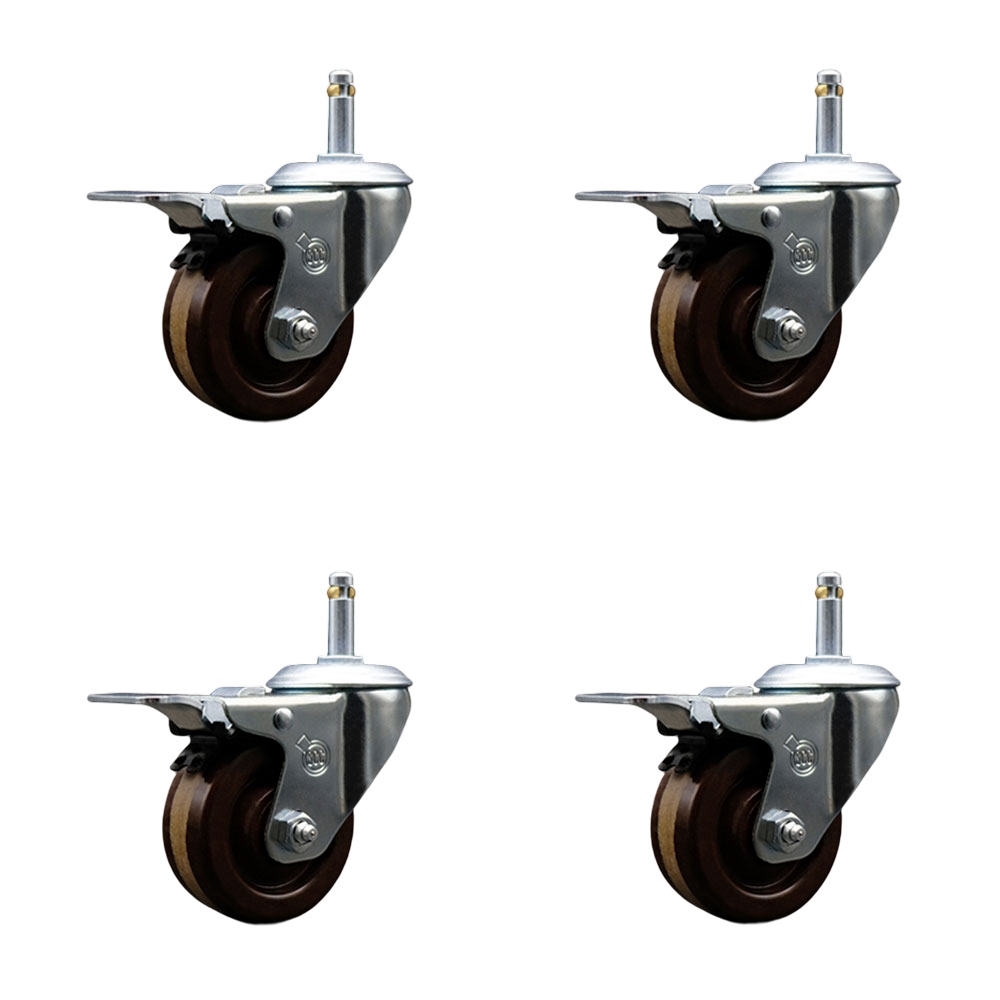 High Temperature Phenolic Swivel Grip Ring Stem Caster with Roller Bearing with 3 x 1.25 in. Brown Wheels & 0.43 in. Stems - Set of 4