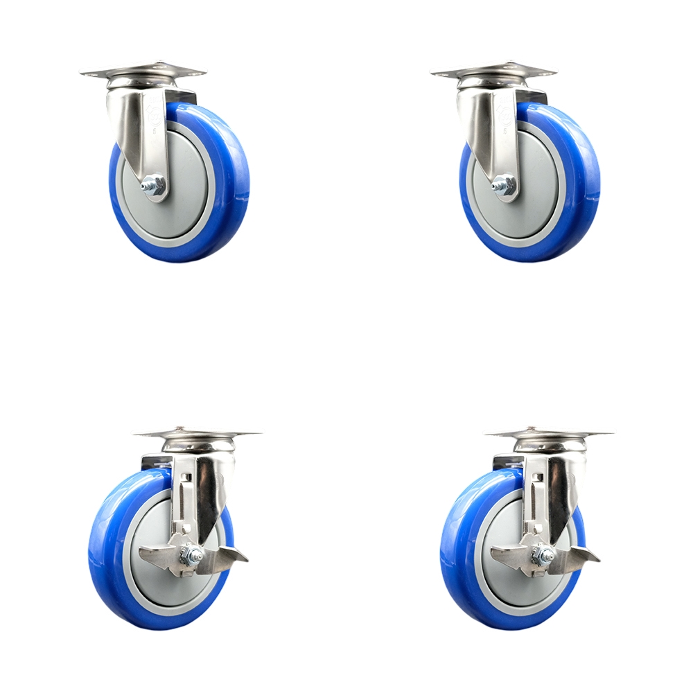 SCC-SS31620S514-PPUB-BLUE-2-TLB-2 Polyurethane Swivel Top Plate Caster with 5 in. 316 Stainless Steel Blue Wheels - Set of 4