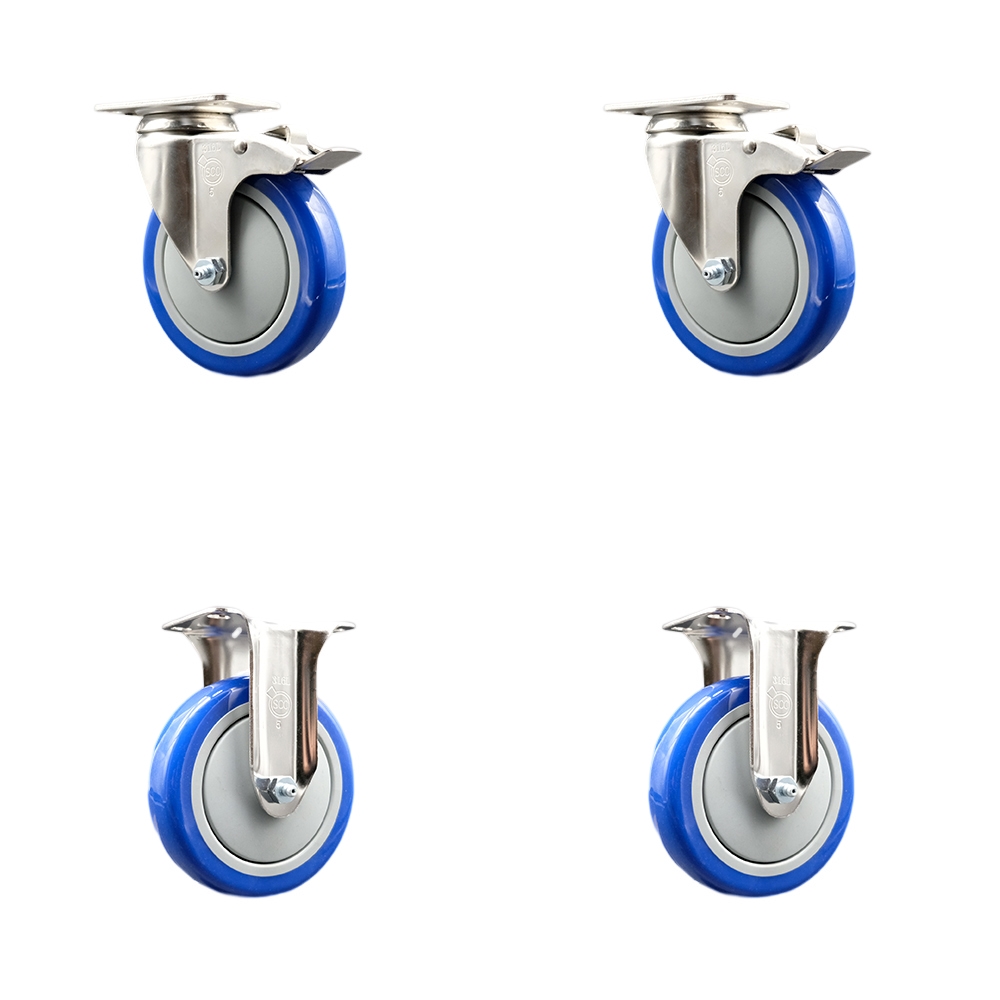 SCC-SS316TTL20S514-PPUB-BLUE-2-R-2 Polyurethane Swivel Top Plate Caster with 5 in. 316 Stainless Steel Blue Wheels - Set of 4