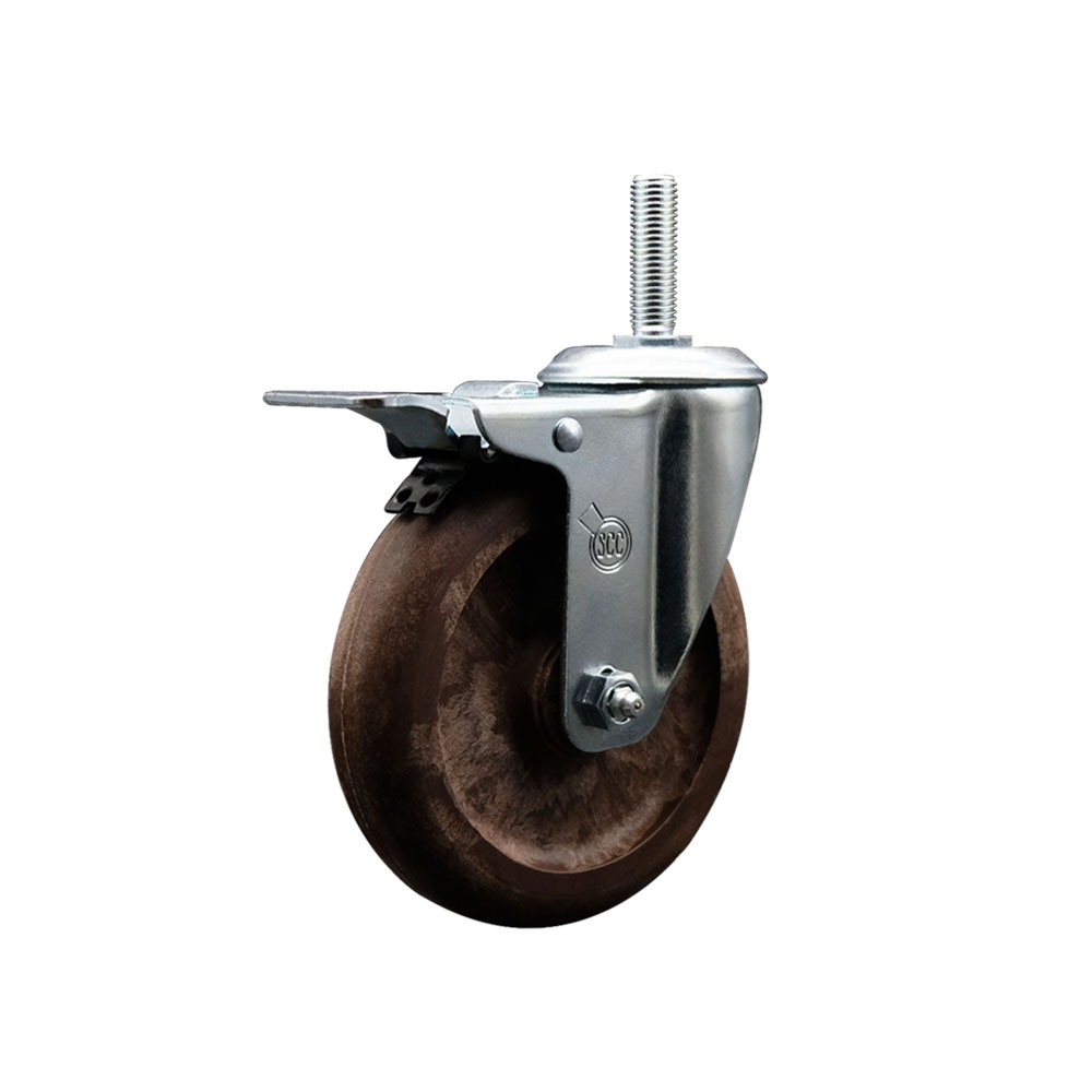 High Temperature Glass Filled Nylon Swivel Threaded Stem Caster with 5 x 1.25 in. Brown Wheel & 0.75 in. Stem & Total Locking Brake