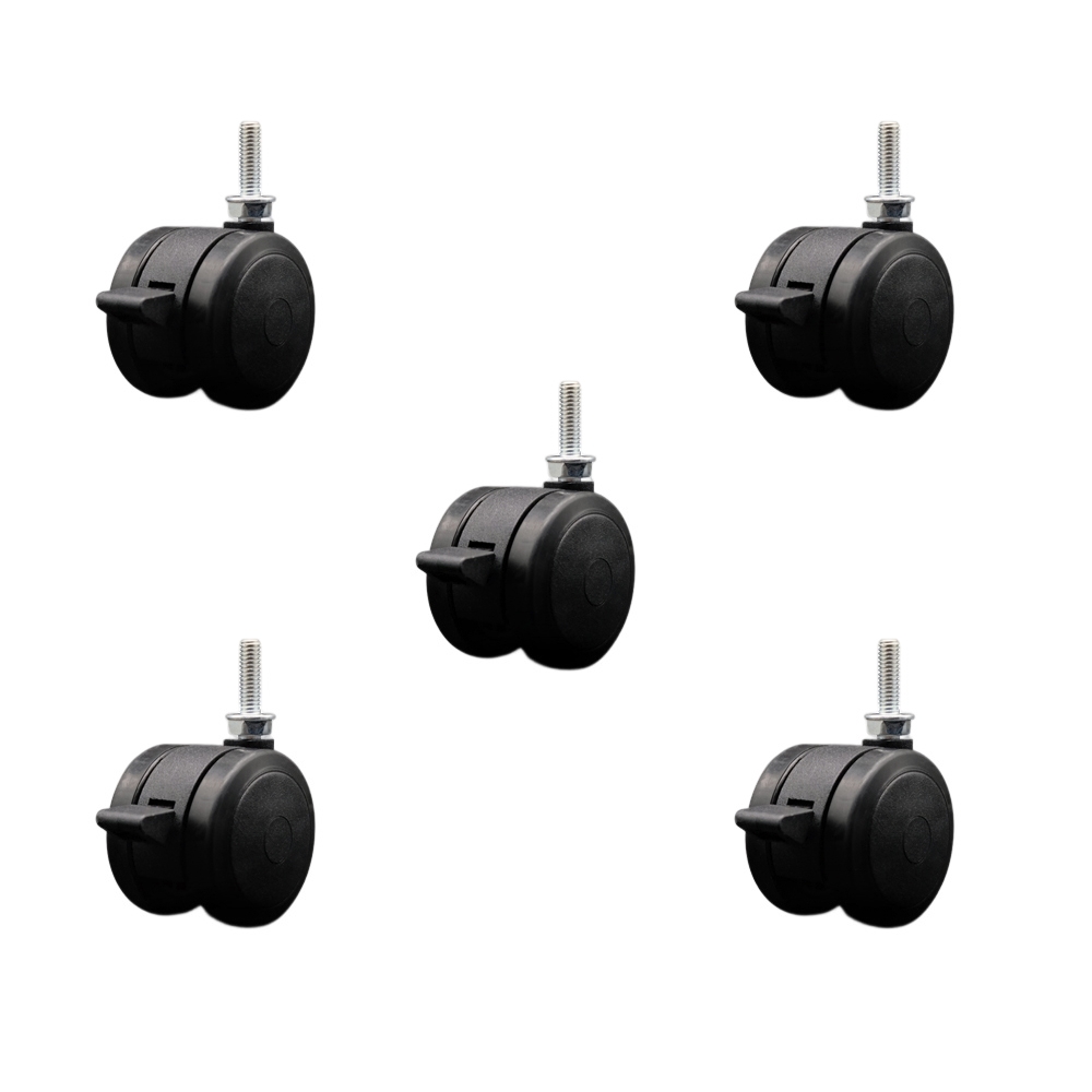 2 in. Floor Safe Office Chair Wheels Black Non-Marking Thermoplastic Rubber Twin Wheels 0.31 in. - 18 TPI x 1 in. Threaded Stems & Brakes - Set of 5